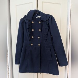 Navy Double-Breasted Ruffle Pea Coat with Gold Buttons From Modcloth Sunny Girl